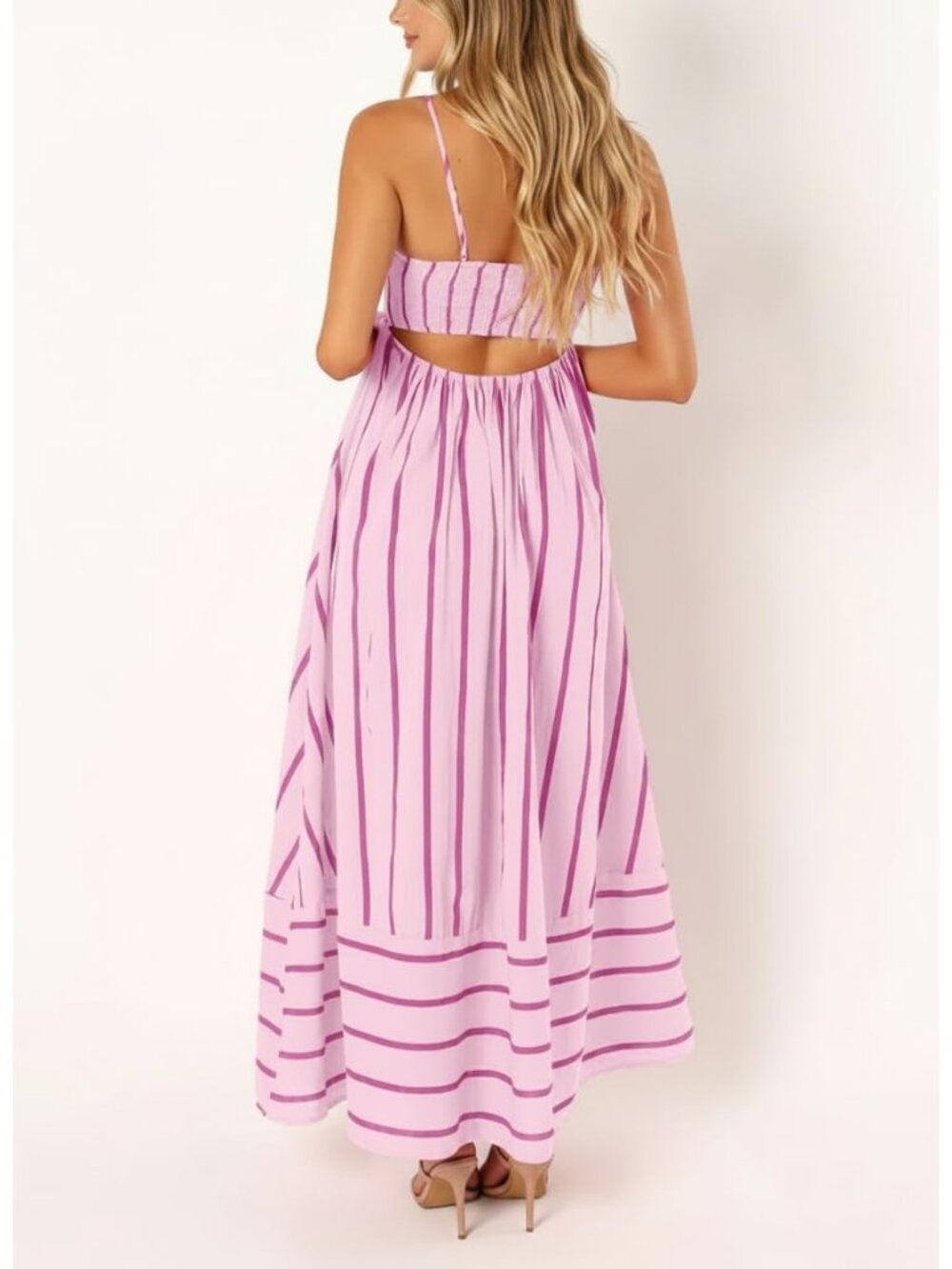 〽️Pink Vertical Stripe Maxi Sundress Smocked Back Cutout Spaghetti Strap